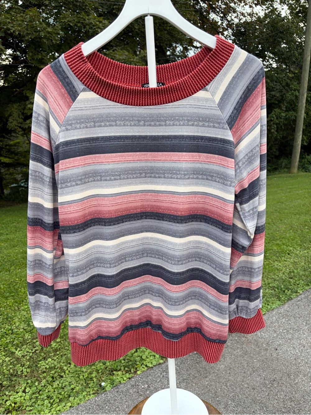 HEIMISH USA Striped Crewneck pullover in Brick Red, Gray, Cream and Navy
